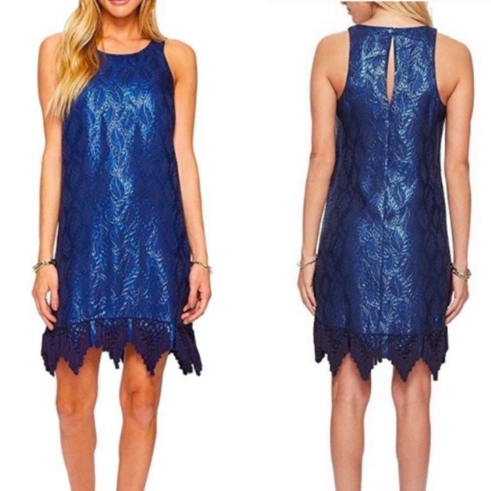 Lilly Pulitzer Marquette Silk Metallic Blue Leaf Jacquard Fringe Shift Dress - S